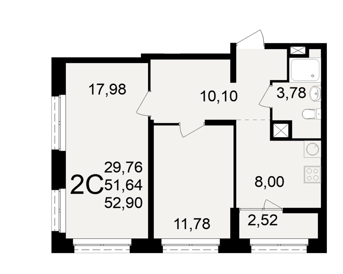 Двухкомнатная квартира площадью 52.90м2